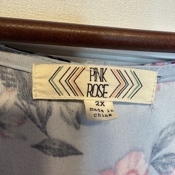 Pink Rose Short Sleeve Dress 2X XXL Blue Floral Stretch Criss Cross Knee Length - Picture 7 of 7
